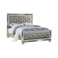 Rosdorf Park Reva King Bed, Mirror Inlaid, Button Tufted Grey Faux Leather Upholstery