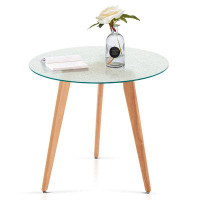 George Oliver Ivinta Round Dining Table With Water Rippled Glass Tabletop, Modern Leisure Table With Wood Legs For Kitch