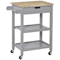 ROLLING KITCHEN CART, UTILITY STORAGE CART WITH DRAWER, 2 SLATTED SHELVES AND TOWEL RACK FOR DINING ROOM, GREY