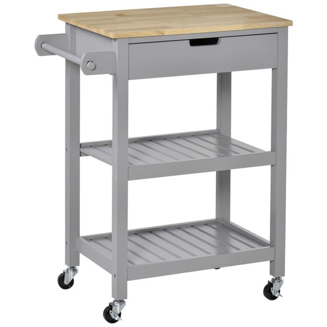 ROLLING KITCHEN CART, UTILITY STORAGE CART WITH DRAWER, 2 SLATTED SHELVES AND TOWEL RACK FOR DINING ROOM, GREY in Kitchen & Dining Wares