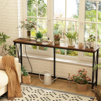 17 Stories 70 Inch Console Table with 2 Outlet and 2 USB Ports, Extra Long Entryway Table with Metal Frame