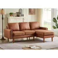 Latitude Run® 82.2"L-Shape Sofa Couch With Chais Mid-Century Copper Nail On Arms,Strong Wooden Leg And Suede Fabric Desi