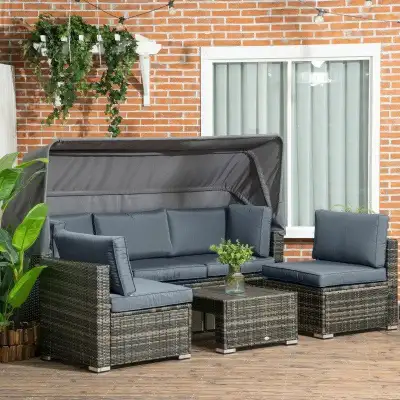 4pc PE Rattan Wicker Canopy Daybed Sectional Outdoor Patio Conversation Set w Cushions, Grey