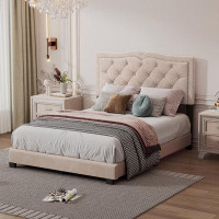Winston Porter Queen Size Upholstered Bed Frame With Rivet Design
