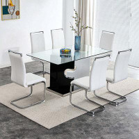 Ivy Bronx Large Modern Minimalist Rectangular Glass Dining Table With Glass Tabletop And MDF Slab V-Shaped Bracket And M