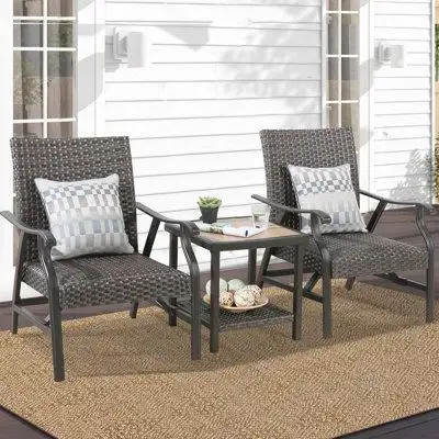Arlmont & Co. 2 - Person Patio Conversation Set With Side Table And 2 Padded Wicker Mition Rocking Chairs