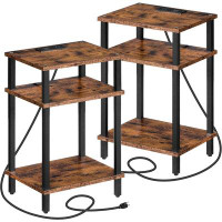 17 Stories End Table Set Of 2, Side Table With Charging Station, Slim Nightstand With 3-Tier Storage Shelf, Small Bedsid