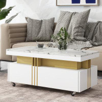 Mercer41 Coffee Table with Faux Marble Top, Rectangle Cocktail Table with Caster Wheels