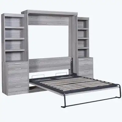 Hokku Designs Full Size Murphy Bed with Storage Shelves and Drawers, Grey