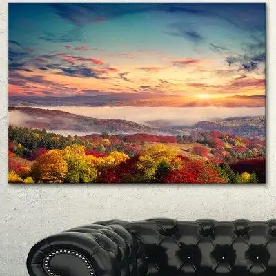 Made in Canada - Design Art 'Colourful Sunset in Foggy Mountains' Photographic Print on Wrapped Canvas
