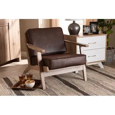 Orren Ellis Lefancy  Sigrid  Effect Fabric Upholstered Antique Oak Finished Wood Armchair