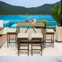 17 Stories 5-piece Patio Furniture Included Pe Rattan Wicker Dining Table And Four Stools With Cushions