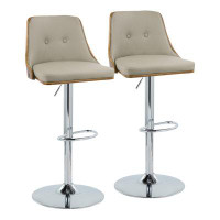 George Oliver Lakyia Mid-century Modern Adjustable Barstool With Swivel In Chrome Metal, Walnut Wood And Cream Faux Leat