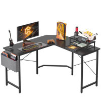 17 Stories Black Carbon Fibre L-Shaped Gaming Desk With Adjustable Monitor Shelf & Iron Hook For Home Office