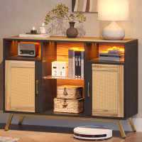 Wade Logan Accent Cabinet with Storage, LED Buffet Cabinet with Rattan Doors and Adjustable Glass Shelves