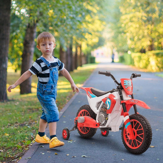 KIDS DIRT BIKE BATTERY-POWERED RIDE-ON ELECTRIC MOTORCYCLE WITH CHARGING 12V BATTERY, TRAINING WHEELS in Toys & Games - Image 3