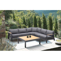 Greyleigh™ Abston 4 Piece Outdoor Sectional Set with Dark Grey Cushions and Natural Teak Wood Accent