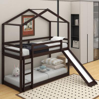 Harper Orchard Miers Twin Over Twin Bunk Bed with Roof, Slide and Ladder