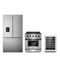 Cosmo 3 Piece Kitchen Package With 30" Freestanding Gas Range With Custom Handle And Knob Kit 36" French Door Refrigerat