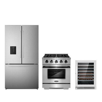 Cosmo 3 Piece Kitchen Package With 30" Freestanding Gas Range With Custom Handle And Knob Kit 36" French Door Refrigerat in Refrigerators