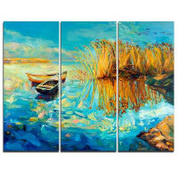Made in Canada - Design Art Colourful Lake with Boats - 3 Piece Painting Print on Wrapped Canvas Set