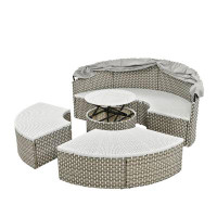 Bungalow Rose TOPMAX Patio Furniture Round Outdoor Sectional Sofa Set Rattan Daybed Two-Tone Weave Sunbed With Retractab