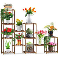 Arlmont & Co. 12 Tier Ladder Plant Stand Indoor 12 Tiers Nature Wood Small Plant Shelf For Multiple Potted Plants Indoor