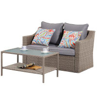 Winston Porter Compact Brown Rattan Outdoor Patio Set With Double Sofa & Coffee Table