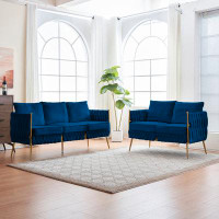 Everly Quinn Blue Velvet 2-piece Sofa Couch Set - Comfy Loveseat And 3-seater Upholstered Couch With Handmade Woven Back