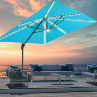 Arlmont & Co. 10x10ft LED Cantilever Patio Umbrella w/Base, Square Hanging Market Deck Umbrellas, 360° Rotation