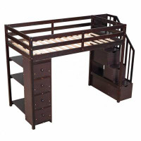 antfurniture Loft Bed With Storage Drawers And Stairs, Wooden Loft Bed With Shelves