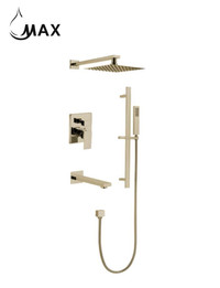 Square Wall Mounted Shower System Three Functions With Hand-Held Slide Bar Brushed Gold Finish