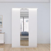 Latitude Run® Kaitlyn-Louise LED Freestanding Wardrobe Cabinet Mirrored Metallic 3-Door With Inside 2-Drawer