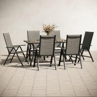 Lark Manor 7 Pcs Outdoor Dining Sets With Umbrella Hole, Reclining Folding Sling Chair & 1  Rectangular Wood Like Top Ta