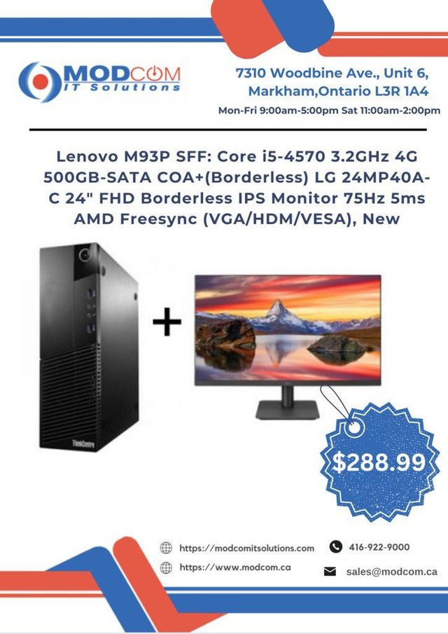 PC OFF LEASE Lenovo M93P SFF: Core i5-4570 3.2GHz 4G 500GB-SATA COA + New (Borderless) LG 24 FHD IPS Monitor For Sale!! in Desktop Computers