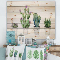 East Urban Home Cactus Succulent Aloe Vera Home Plants In The Pots - Botanical Print On Natural Pine Wood