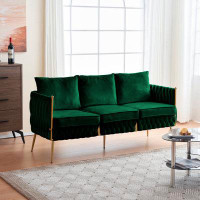 Mercer41 "stylish Green Velvet 3-seat Sofa: Upholstered With Woven Back, Small Comfy Couch With 3 Pillows, Gold Frame -