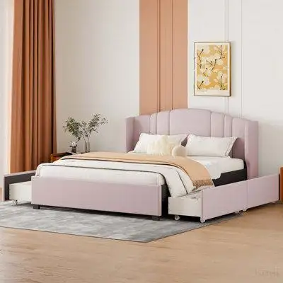 Latitude Run® Linen Fabric Upholstered Platform Bed with Drawers
