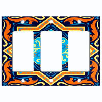 WorldAcc Metal Light Switch Plate Outlet Cover (Blue Orange Elegant Tile  - Triple Rocker)