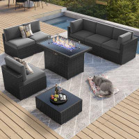 Ivy Bronx 8 Piece Patio Furniture Set With 44" Propane Gas Fire Pit Table, Outdoor Sectional Conversation Set Wicker Rat