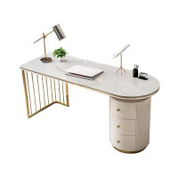 Everly Quinn 62.99" Beige Rectangular Sintered Stone Desk,3-drawer
