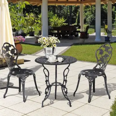3pc Vintage Cast Aluminum Bistro Table & Chair Dining Set w Roses, Garden Patio Deck - Bronze