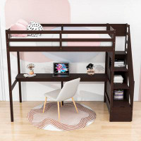 Harriet Bee Twin Size Wooden Loft Bed With Built-In Desk And Storage
