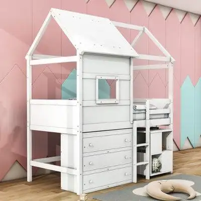 Harper Orchard Hollain Kids Twin Loft Bed with Drawers and Shelves