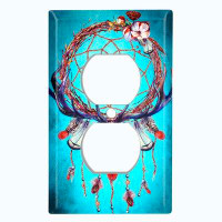 WorldAcc Metal Light Switch Plate Outlet Cover (Brown Dream Catcher Teal  - Single Duplex)