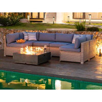 Bayou Breeze Bayou Breeze 8-Piece Propane Fire Pit Outdoor Wicker Sectional Sofa, Warm Grey Patio Furniture Set W 35-Inc