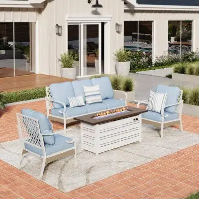 Wildon Home® 5-Person Patio Conversation Sets with Fire Pit Table, Blue, Beige, & Light Grey Cushions