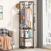 KOVOME Coat Rack Freestanding With Shelves, Industrial Hall Tree With 4 Shelves And 8 Hooks, Brown