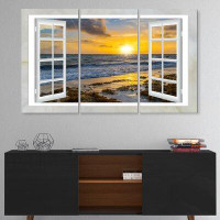 East Urban Home Open Window To Bright Yellow Sunset - Multipanel Modern Seascape Metal Artwork
