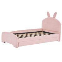 GZMWON Upholstered Platform Bed With Cartoon Ears Shaped Headboard And Trundle